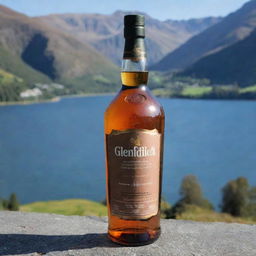 A Glenfiddich Whiskey bottle, with the name 'Aditya Chaudhary' professionally inscribed in the label, set against the striking backdrop of Queenstown, New Zealand.