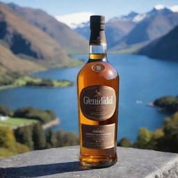 A Glenfiddich Whiskey bottle, with the name 'Aditya Chaudhary' professionally inscribed in the label, set against the striking backdrop of Queenstown, New Zealand.