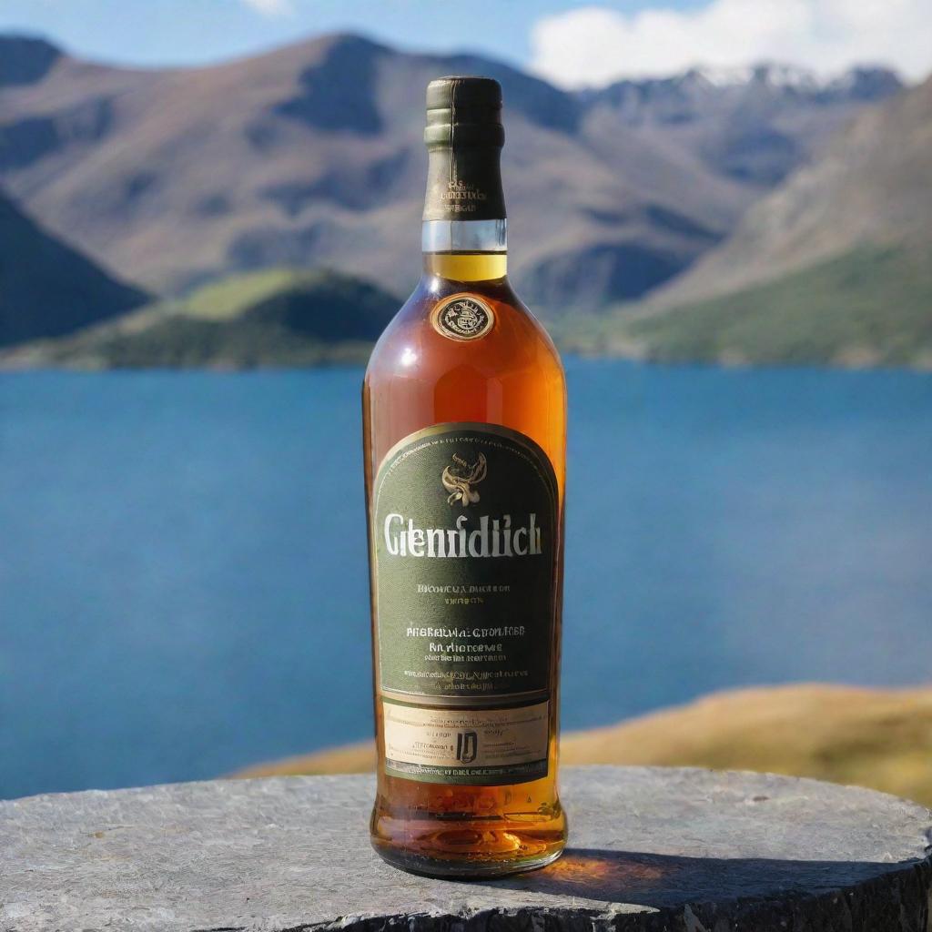 A Glenfiddich Whiskey bottle, with the name 'Aditya Chaudhary' professionally inscribed in the label, set against the striking backdrop of Queenstown, New Zealand.