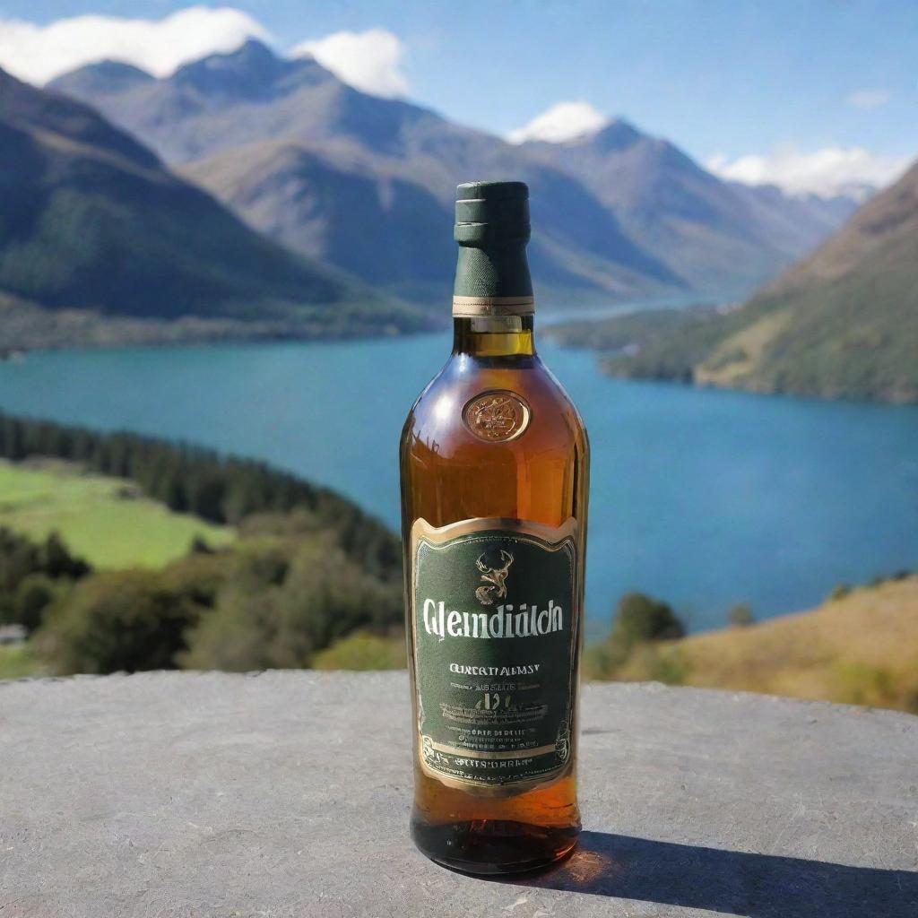 A Glenfiddich Whiskey bottle, with the name 'Aditya Chaudhary' professionally inscribed in the label, set against the striking backdrop of Queenstown, New Zealand.