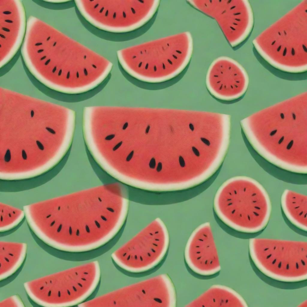 A delightful ripe watermelon with jovial facial features and animated limbs, personifying a feeling of summer joy