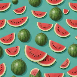 A delightful ripe watermelon with jovial facial features and animated limbs, personifying a feeling of summer joy