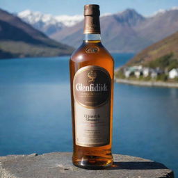 A Glenfiddich Whiskey bottle with its brand label artfully displaying the name 'Aditya Chaudhary', presented against the stunning background of Queenstown, New Zealand.