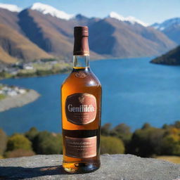 A Glenfiddich Whiskey bottle with its brand label artfully displaying the name 'Aditya Chaudhary', presented against the stunning background of Queenstown, New Zealand.