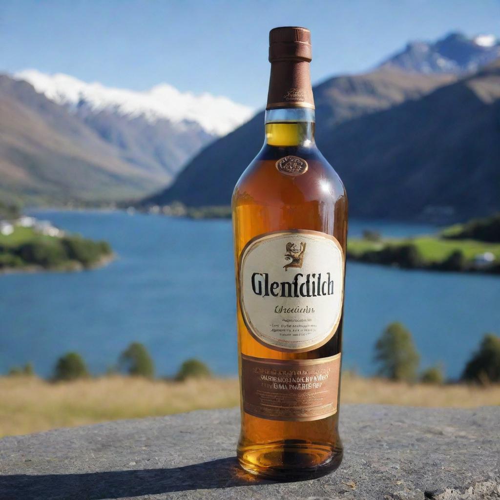 A Glenfiddich Whiskey bottle with its brand label artfully displaying the name 'Aditya Chaudhary', presented against the stunning background of Queenstown, New Zealand.