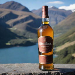 A Glenfiddich Whiskey bottle with its brand label artfully displaying the name 'Aditya Chaudhary', presented against the stunning background of Queenstown, New Zealand.