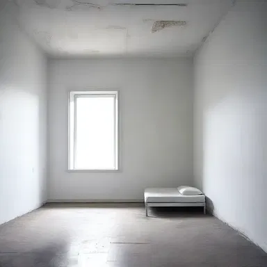 The desolately designed room with its stark white walls and minimal furniture evoked a sense of grief-stricken loneliness.