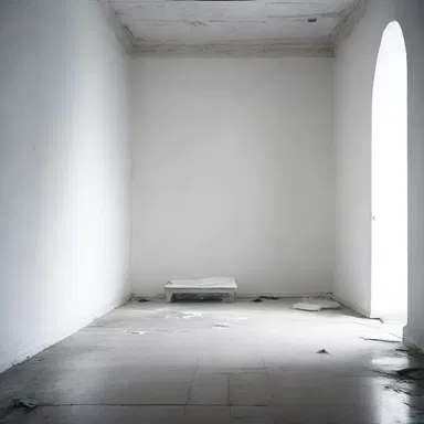 The desolately designed room with its stark white walls and minimal furniture evoked a sense of grief-stricken loneliness.