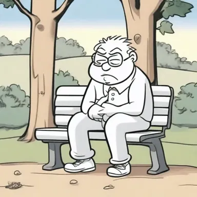 In the cartoon, the character was depicted sitting desolately on a park bench, wearing a sad expression.