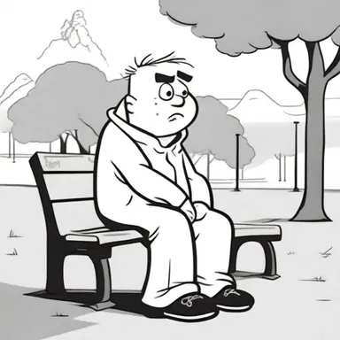 In the cartoon, the character was depicted sitting desolately on a park bench, wearing a sad expression.
