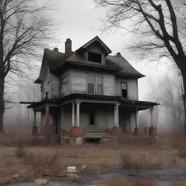 The old, abandoned house stood desolately at the end of the street, exuding an eerie and grief-stricken loneliness.