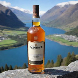 A whiskey bottle in the style of Glenfiddich, bearing a brand label with the name 'Aditya Chaudhary', positioned against the captivating landscape of Queenstown, New Zealand.