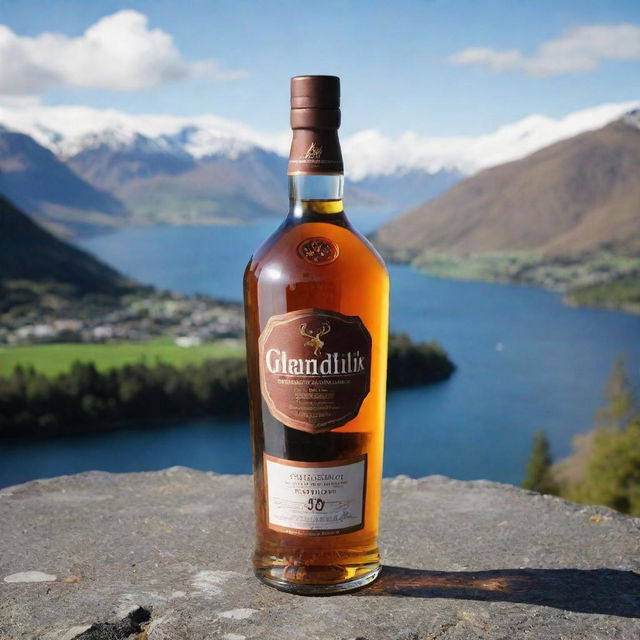 A whiskey bottle in the style of Glenfiddich, bearing a brand label with the name 'Aditya Chaudhary', positioned against the captivating landscape of Queenstown, New Zealand.