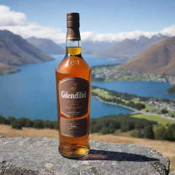 A whiskey bottle in the style of Glenfiddich, bearing a brand label with the name 'Aditya Chaudhary', positioned against the captivating landscape of Queenstown, New Zealand.