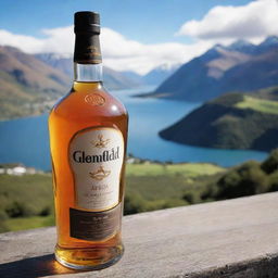 A whiskey bottle in the style of Glenfiddich, bearing a brand label with the name 'Aditya Chaudhary', positioned against the captivating landscape of Queenstown, New Zealand.