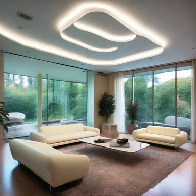 The modern living room was beautifully decorated with sleek furniture and a row of glowing glow tubes embedded in the ceiling.