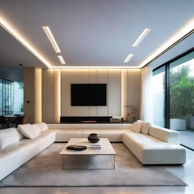 The modern living room was beautifully decorated with sleek furniture and a row of glowing glow tubes embedded in the ceiling.