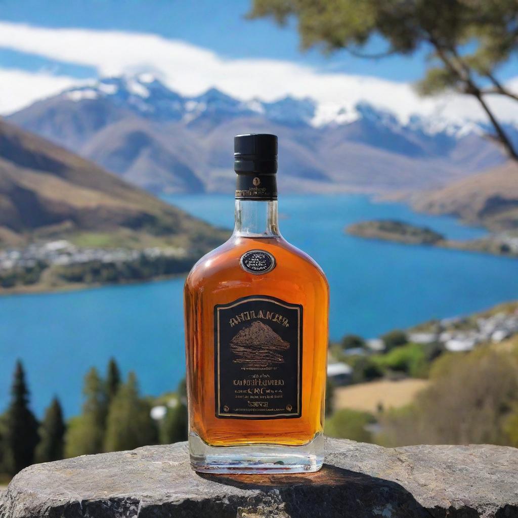 A classy whiskey bottle with the inscription 'Aditya Chaudhary', set against the breathtaking backdrop of Queenstown, New Zealand.