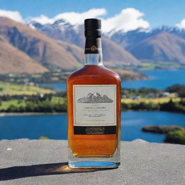 A classy whiskey bottle with the inscription 'Aditya Chaudhary', set against the breathtaking backdrop of Queenstown, New Zealand.