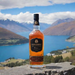 A classy whiskey bottle with the inscription 'Aditya Chaudhary', set against the breathtaking backdrop of Queenstown, New Zealand.