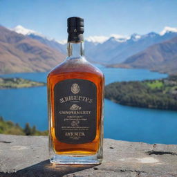 A classy whiskey bottle with the inscription 'Aditya Chaudhary', set against the breathtaking backdrop of Queenstown, New Zealand.