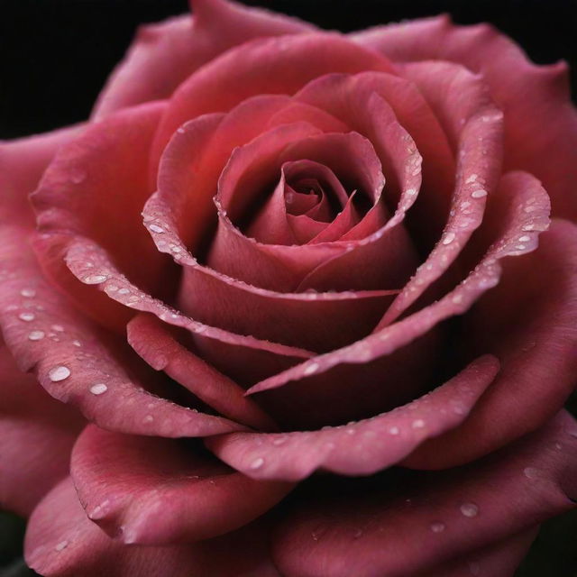 A vibrant, perfectly bloomed rose with dew droplets on its deep red petals, isolated against a smooth, muted background