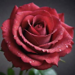 A vibrant, perfectly bloomed rose with dew droplets on its deep red petals, isolated against a smooth, muted background