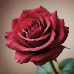 A vibrant, perfectly bloomed rose with dew droplets on its deep red petals, isolated against a smooth, muted background