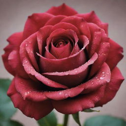 A vibrant, perfectly bloomed rose with dew droplets on its deep red petals, isolated against a smooth, muted background