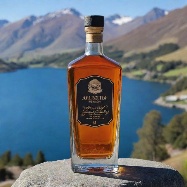 An elegant whiskey bottle inscribed with the name 'Aditya Chaudhary', situated in the picturesque Queenstown, New Zealand.