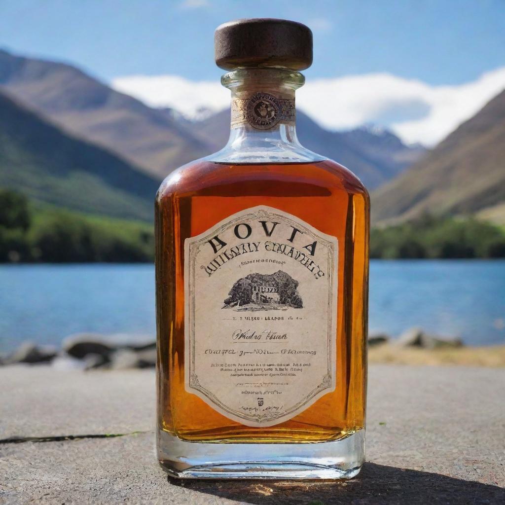 An elegant whiskey bottle inscribed with the name 'Aditya Chaudhary', situated in the picturesque Queenstown, New Zealand.