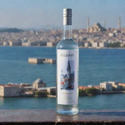 A chic vodka bottle inscribed with the name 'Aditya Chaudhary’, against the vibrant and intriguing backdrop of Istanbul city.