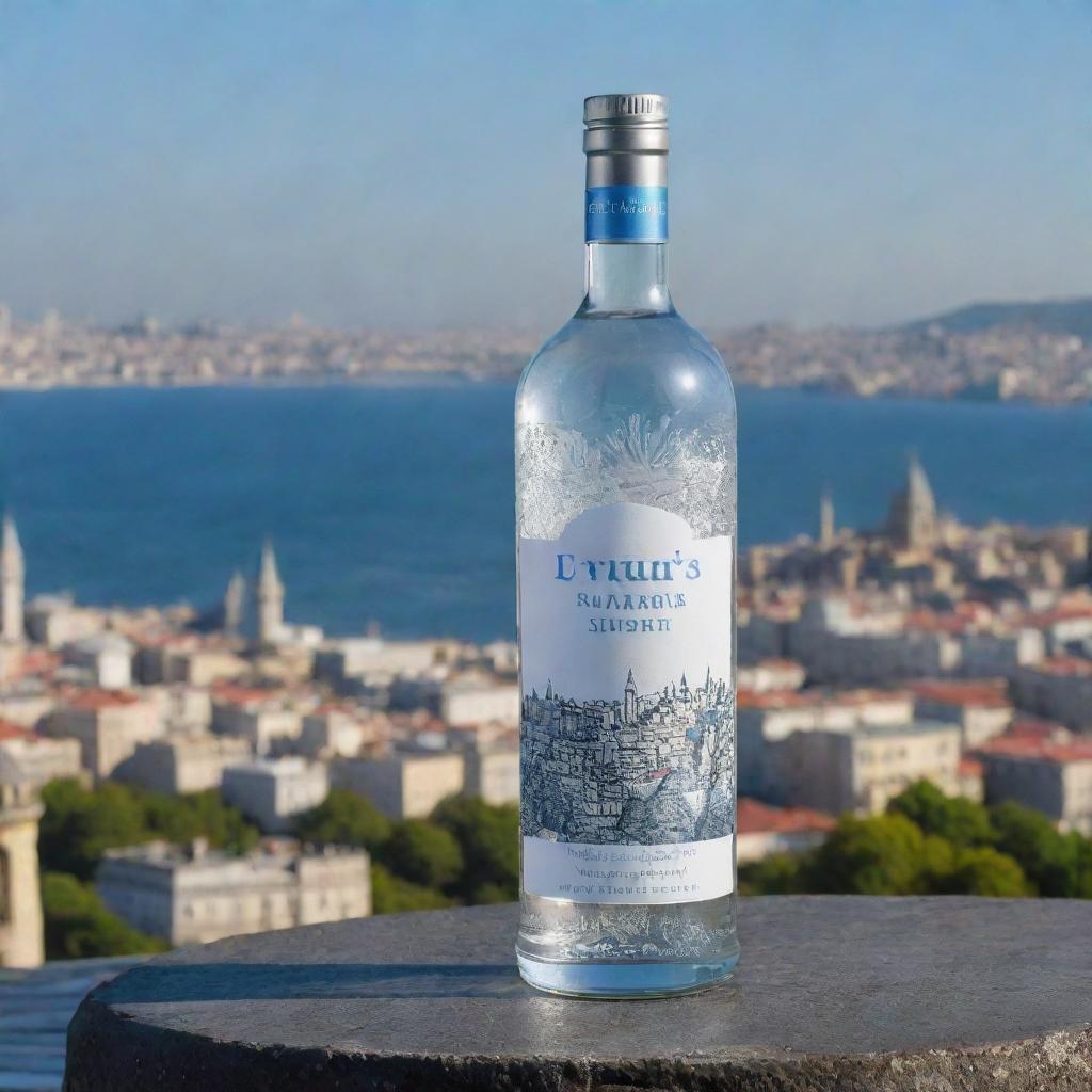 A chic vodka bottle inscribed with the name 'Aditya Chaudhary’, against the vibrant and intriguing backdrop of Istanbul city.