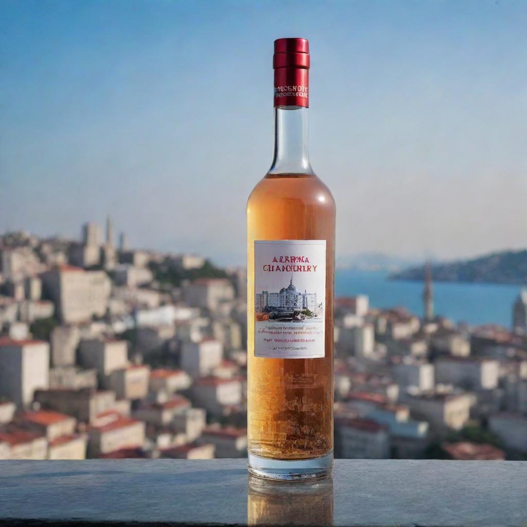 A chic vodka bottle inscribed with the name 'Aditya Chaudhary’, against the vibrant and intriguing backdrop of Istanbul city.