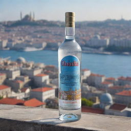 A chic vodka bottle inscribed with the name 'Aditya Chaudhary’, against the vibrant and intriguing backdrop of Istanbul city.