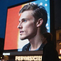 A young man gazing in admiration at a huge billboard featuring a charismatic rock star highlighted in dazzling lights.