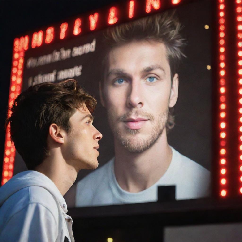 A young man gazing in admiration at a huge billboard featuring a charismatic rock star highlighted in dazzling lights.