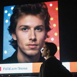 A young man gazing in admiration at a huge billboard featuring a charismatic rock star highlighted in dazzling lights.