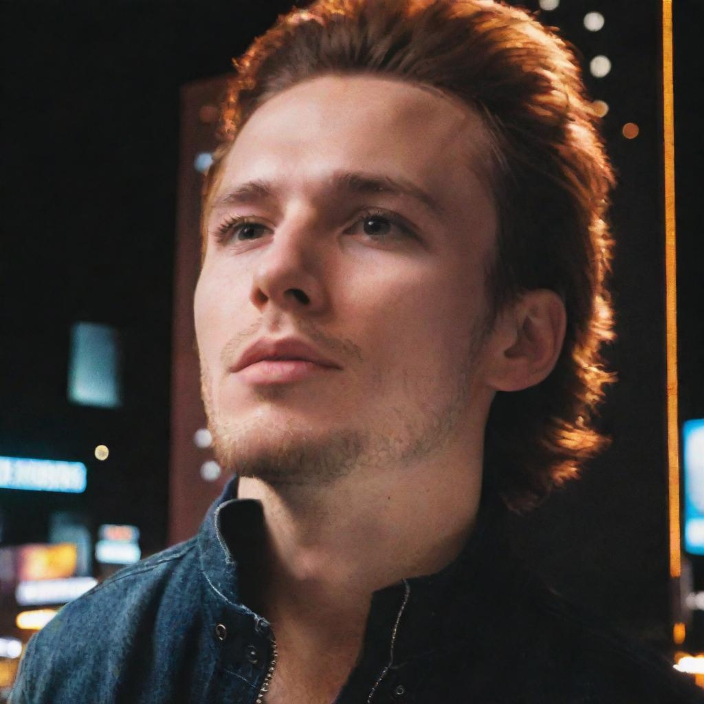 A young man gazing in admiration at a huge billboard featuring a charismatic rock star highlighted in dazzling lights.