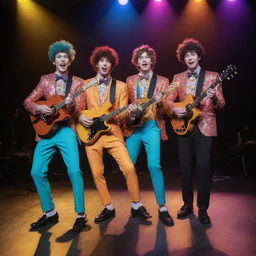 A vibrant, eccentric music band composed of four youthful men in whimsical outfits, each holding a different instrument, striking a dynamic performing pose on a brightly lit concert stage.