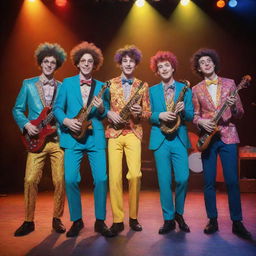 A vibrant, eccentric music band composed of four youthful men in whimsical outfits, each holding a different instrument, striking a dynamic performing pose on a brightly lit concert stage.