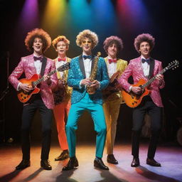 A vibrant, eccentric music band composed of four youthful men in whimsical outfits, each holding a different instrument, striking a dynamic performing pose on a brightly lit concert stage.