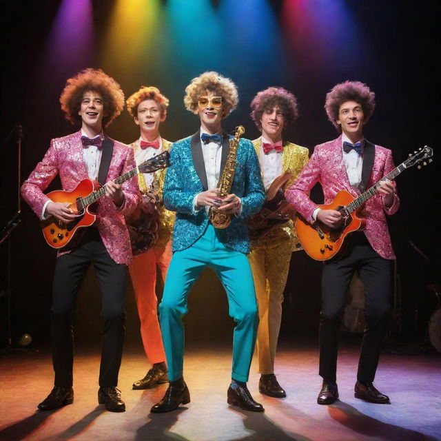 A vibrant, eccentric music band composed of four youthful men in whimsical outfits, each holding a different instrument, striking a dynamic performing pose on a brightly lit concert stage.