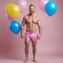 Generate a full-body, high-definition image of a muscular man in his 40s with a ginger beard, wearing pink latex shorts. He's dynamically posed with a pink real horse with curly hair, against an iridescent background filled with numerous blue and yellow balloons. The image should be a full shot and photorealistic.