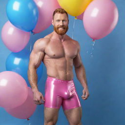 Generate a full-body, high-definition image of a muscular man in his 40s with a ginger beard, wearing pink latex shorts. He's dynamically posed with a pink real horse with curly hair, against an iridescent background filled with numerous blue and yellow balloons. The image should be a full shot and photorealistic.