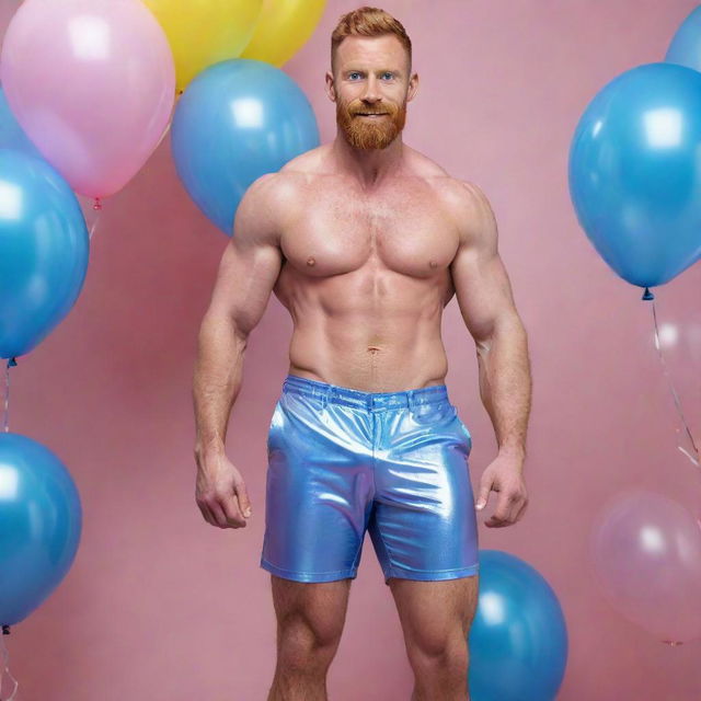 Generate a full-body, high-definition image of a muscular man in his 40s with a ginger beard, wearing pink latex shorts. He's dynamically posed with a pink real horse with curly hair, against an iridescent background filled with numerous blue and yellow balloons. The image should be a full shot and photorealistic.