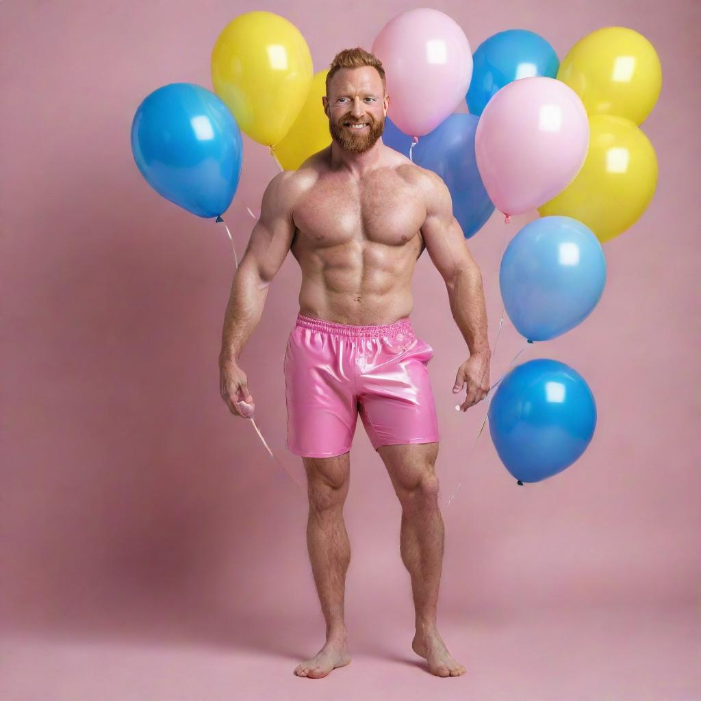 Generate a full-body, high-definition image of a muscular man in his 40s with a ginger beard, wearing pink latex shorts. He's dynamically posed with a pink real horse with curly hair, against an iridescent background filled with numerous blue and yellow balloons. The image should be a full shot and photorealistic.