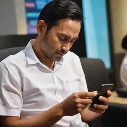 A man engrossed in perusing a vibrant list of songs displayed on his smartphone screen