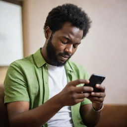 A man engrossed in perusing a vibrant list of songs displayed on his smartphone screen