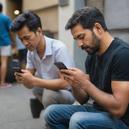 A man engrossed in perusing a vibrant list of songs displayed on his smartphone screen